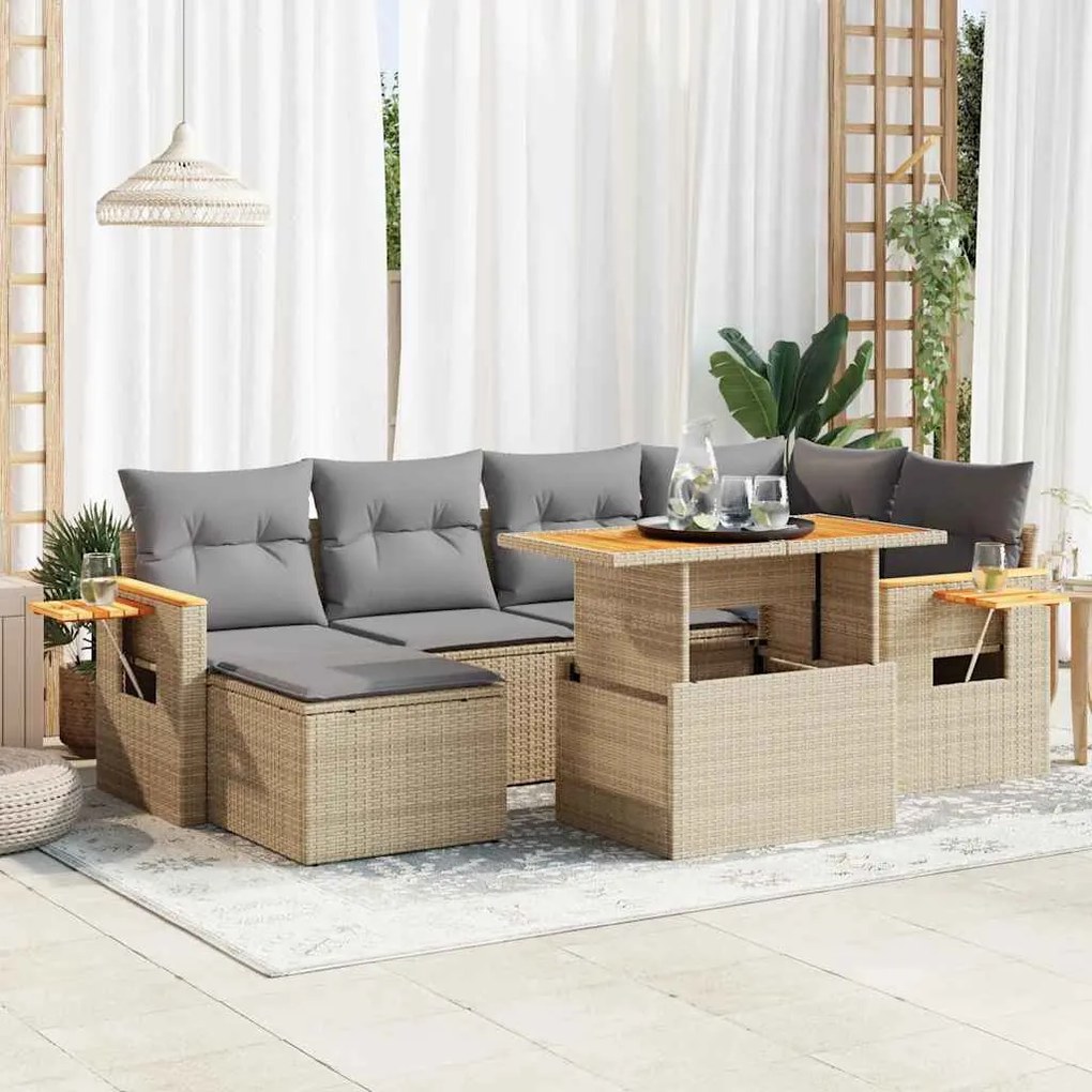 7 pcs conjunto sofás jardim com almofadões vime PE/acácia bege