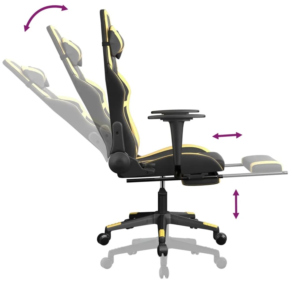 Cadeira gaming c/ apoio pés couro artificial preto e dourado