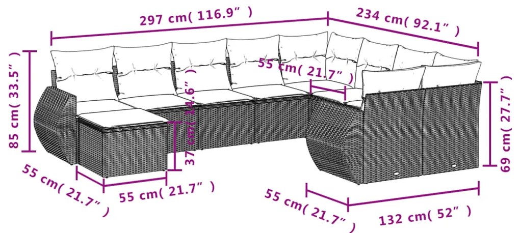 10 pcs conjunto de sofás p/ jardim com almofadões vime PE bege