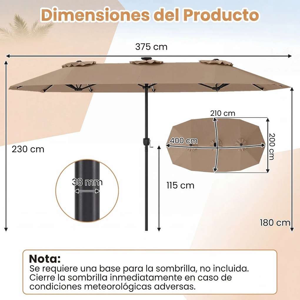 Guarda-sol duplo resistente, 400 x 210 cm (BASE NÃO INLCUIDA), com 108 luzes LED solares, manivela fácil de utilizar e 12 varas de metal, para jardim,