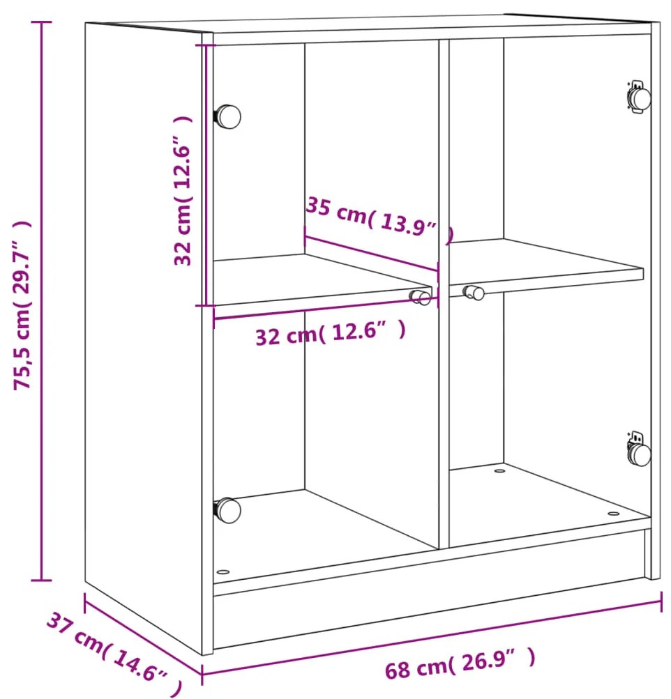 Armário de apoio c/ portas de vidro 68x37x75,5 cm cinza sonoma