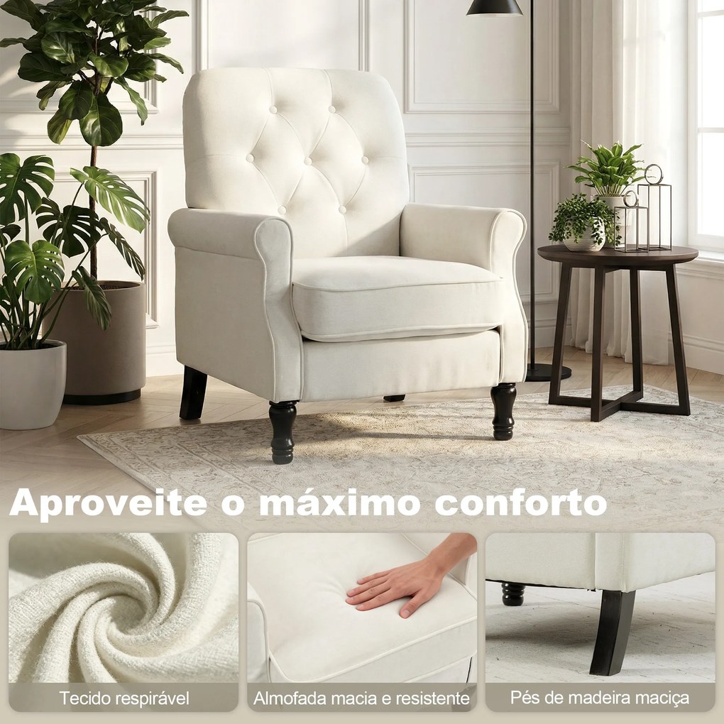 Sofá Individual Estofado em Linho Assento Acolchoado Espesso Encosto Capitonê Pés de Madeira Maciça Creme