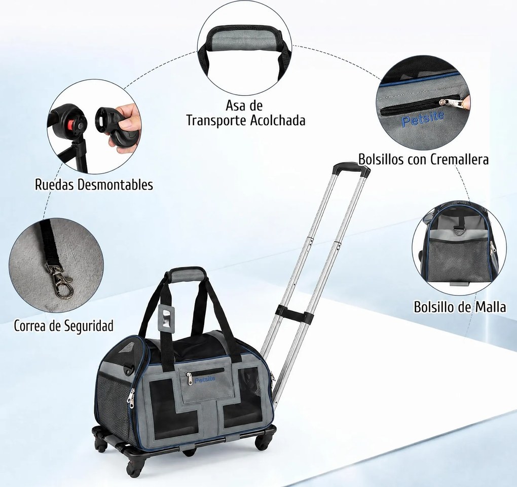 Transportadora para Animais com Carrinho Removível, 47 x 31,5 x 37 cm, Pega Telescópica Ajustável, Azul