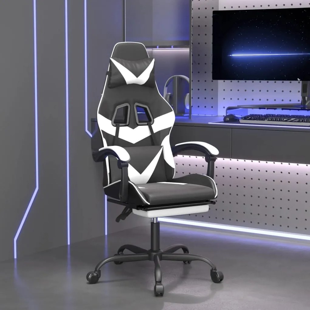 vidaXL Cadeira de gaming c/ apoio pés couro artificial preto/branco