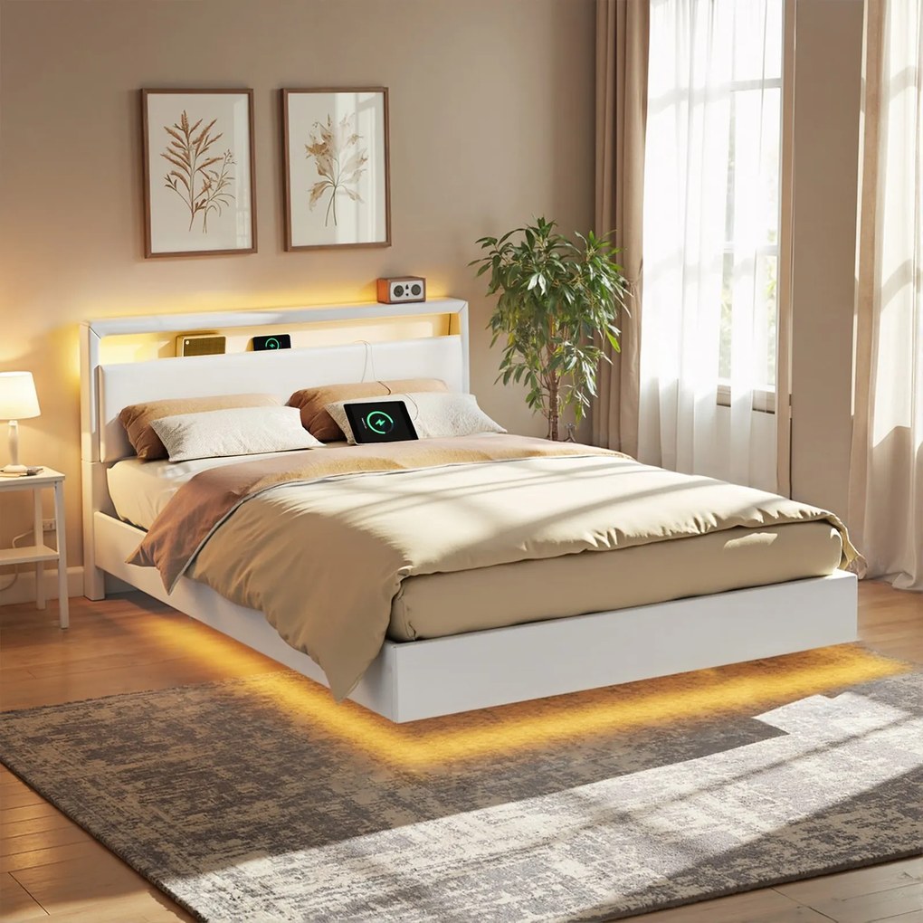 Cama de casal 140 x 200 cm (COLCHÃO NÃO INCLUIDO) com luzes led e com efeito suspenso Branca