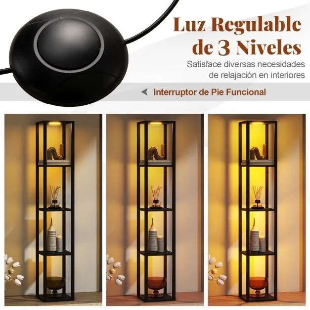Candeeiro de pé 29 x 29 x 165 cm com prateleiras de 4 níveis Luz LED com 3 intensidades e interruptor de pé para quarto ou sala Preto