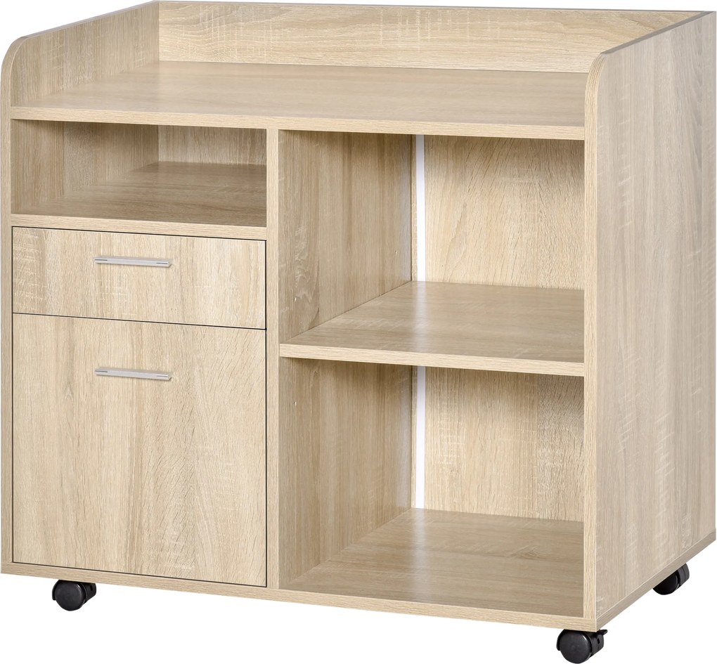 Armário organizador de secretária com rodas 80 x 40 x 72 cm, em madeira de carvalho claro