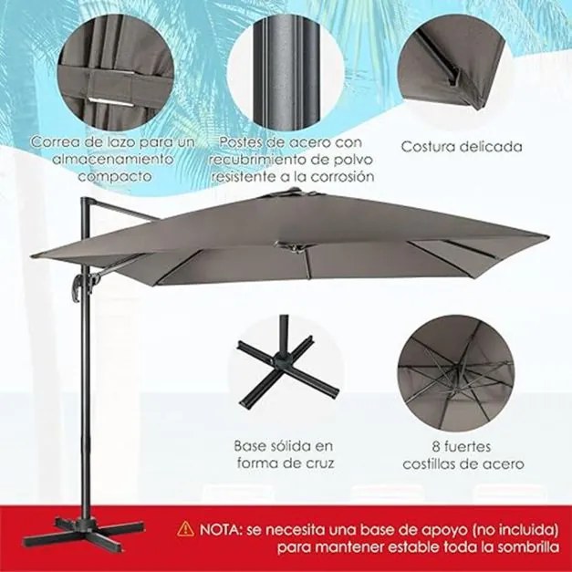 Guarda-sol 300 cm para jardim com manivela, 3 inclinações, rotação de 360°, 8 varas, base cruzada Cinzento