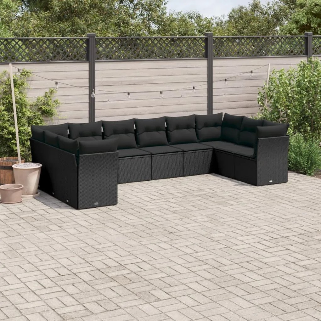 10 pcs conjunto sofás de jardim c/ almofadões vime PE preto