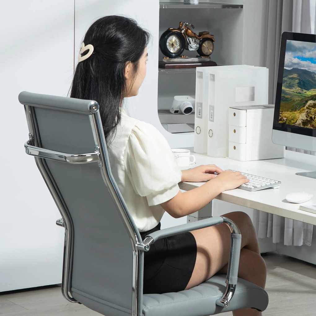 Cadeira de Escritório Giratoria 360° Inclinável com Altura Ajustável Rodas Apoio de Braços 54x62x104-114 cm Cinzento Claro