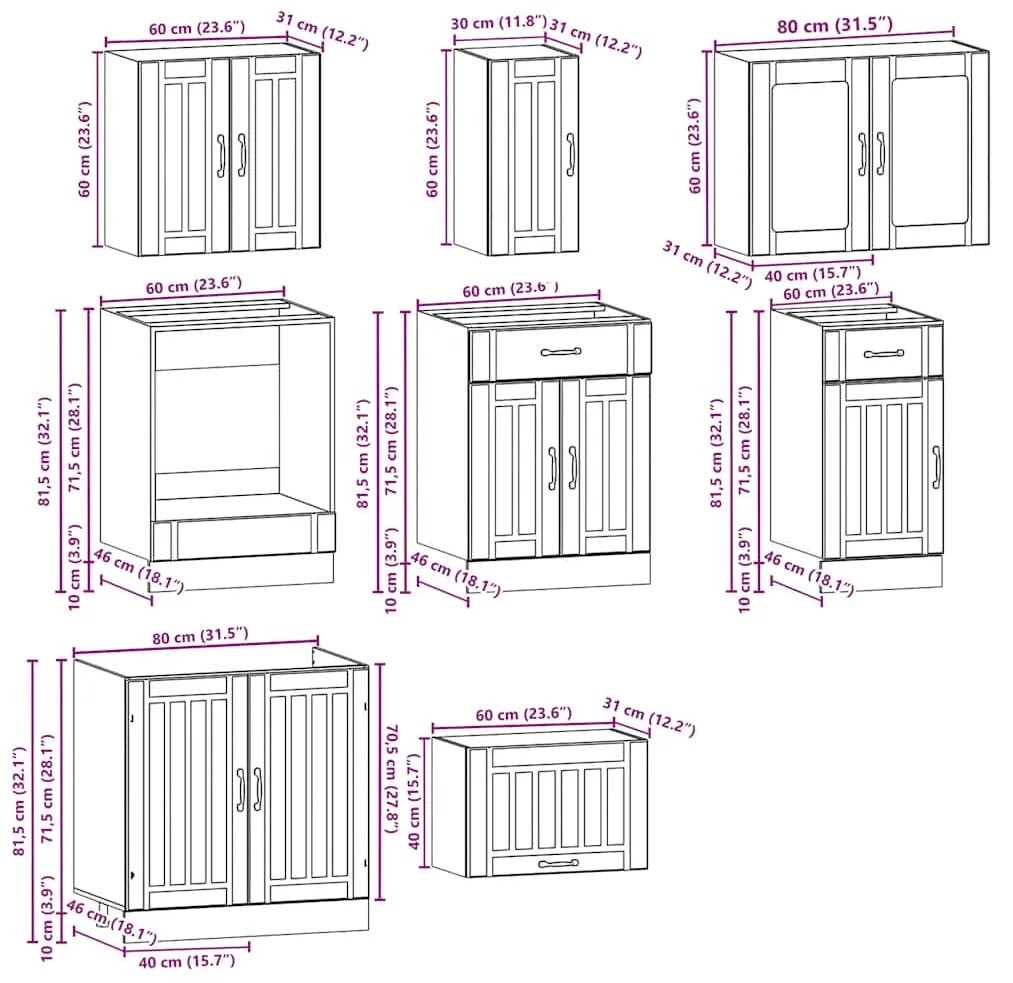 8 peças armário de cozinha conjunto Kalmar branco brilhante