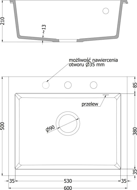 Mexen Elix lava-loiça em granito de 1 bacia 600 x 500 mm, branco, sifão dourado - 6525601005-20-G