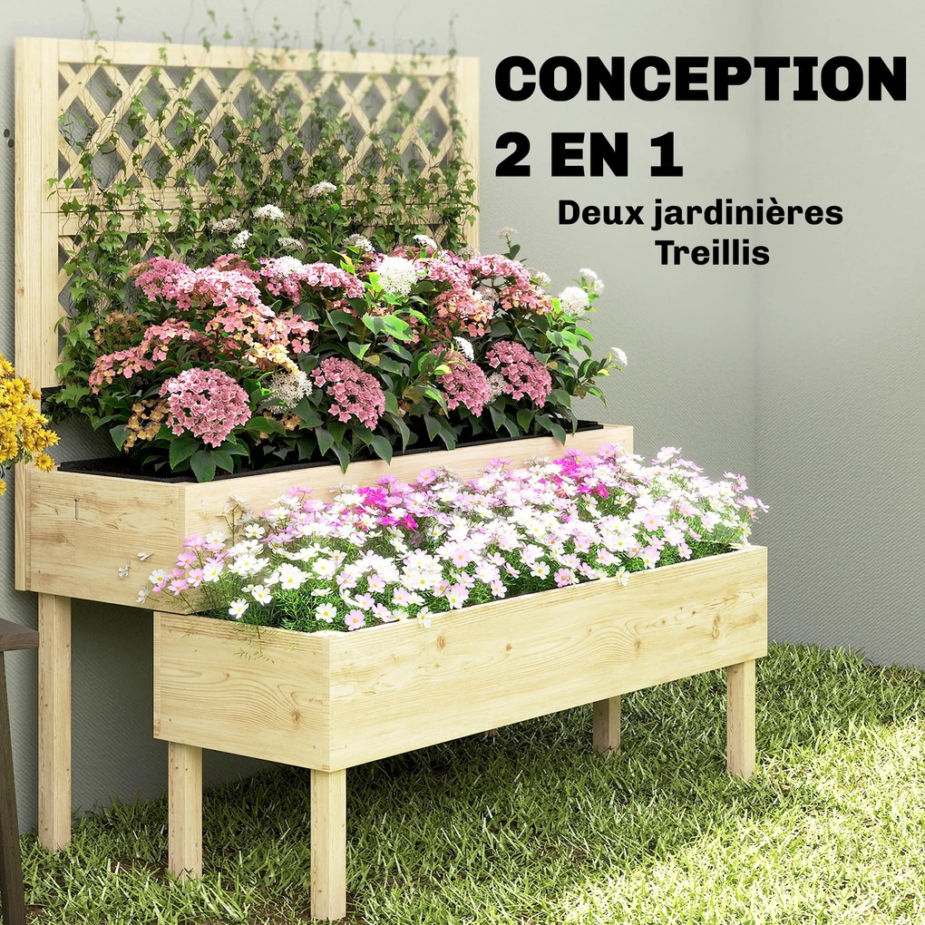 Floreira de 2 níveis com treliça, floreira com tecido não tecido, 108 x 62 x 120 cm, efeito madeira natural