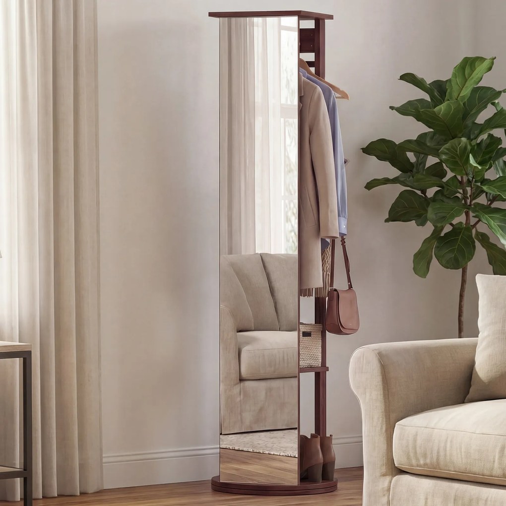 Espelho giratório 3 em 1 com cabideiro, estantes e ganchos – organizador para quarto – 44 x 168 cm – Castanho