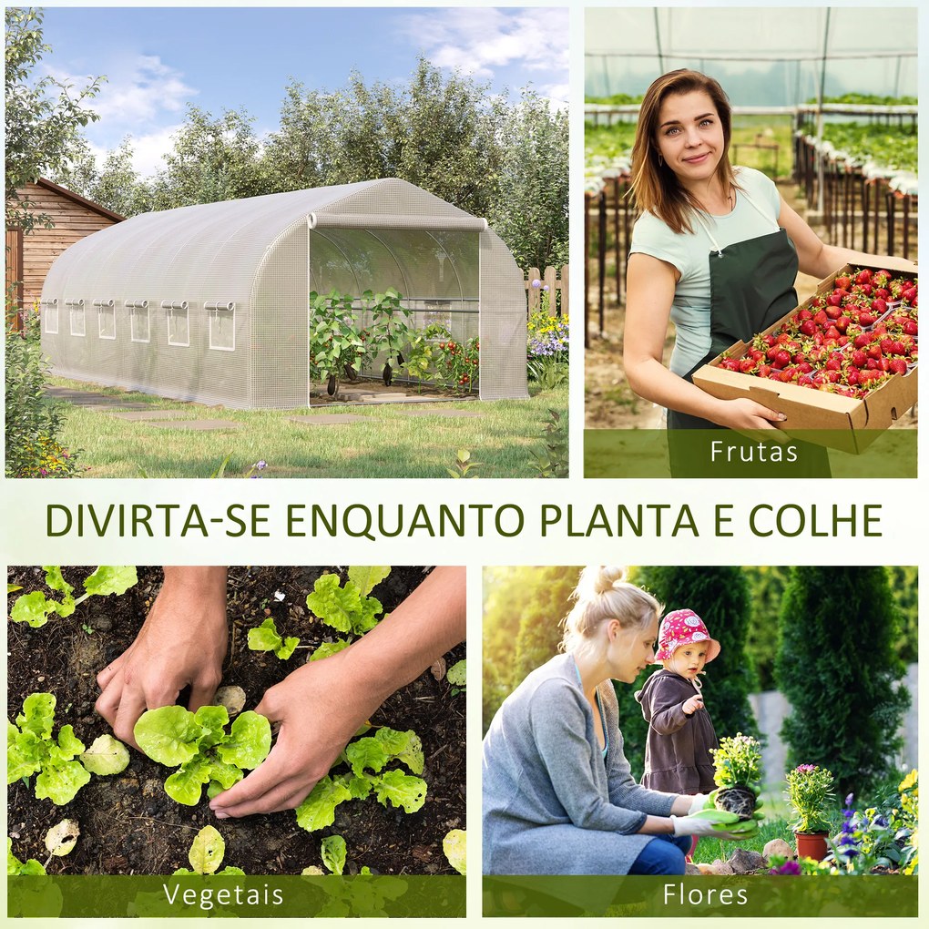 Outsunny Estufa Tipo Túnel 6x3x2m Estufa de Jardim com Porta e 12 Janelas Enroláveis de Polietileno e Aço Galvanizado para Cultivos de Plantas Flores Branco