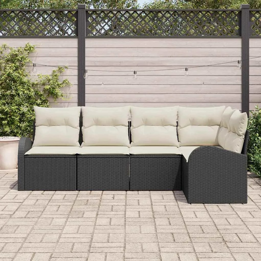 Conjunto de Sofá de Jardim 5 Peças com Almofadas Preto em Rattan Polip
