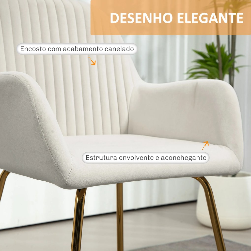 Cadeira de Sala de Jantar Estofada em Veludo com Base Metálica Cruzada Cadeira de Leitura 60x56,5x85 cm Creme