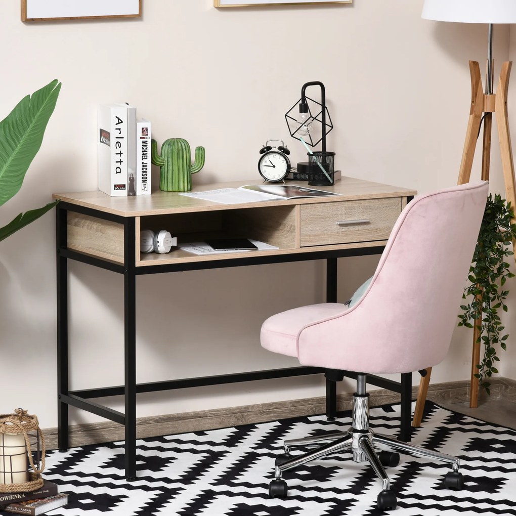 Secretária com arrumação de estilo industrial, secretária para computador com gaveta, estrutura em metal preta, tampo em madeira de carvalho claro