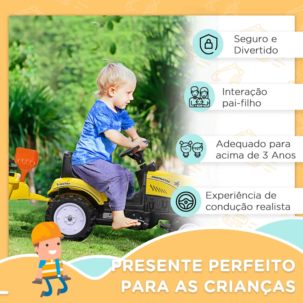 HOMCOM Trator a Pedais para Crianças acima de 3 Anos Trator com Reboque de  Pedais para Crianças com Acessórios 133x42x51 cm Amarelo e Preto