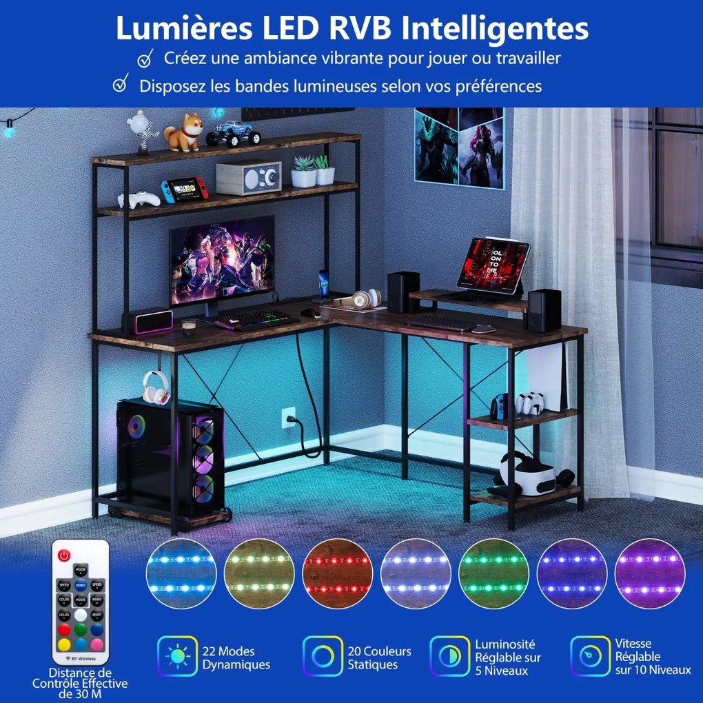 Mesa de jogos em formato de L com faixa de LED e tomadas, mesa de canto com monitor/suporte para CPU, preta