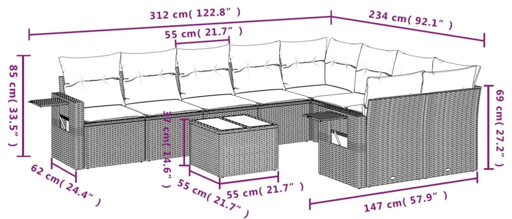10 pcs conjunto sofás de jardim c/ almofadões vime PE preto