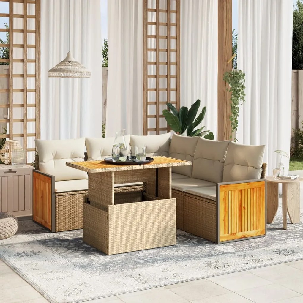 vidaXL 6 pcs conjunto de sofás p/ jardim com almofadões vime PE bege
