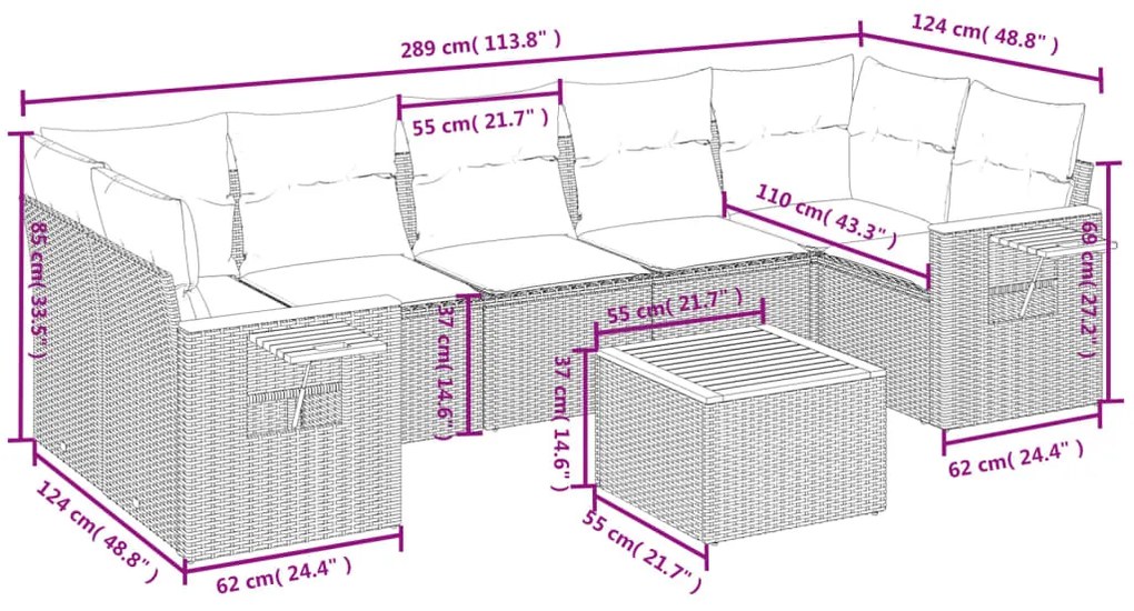 8 pcs conjunto sofás de jardim com almofadões vime PE preto