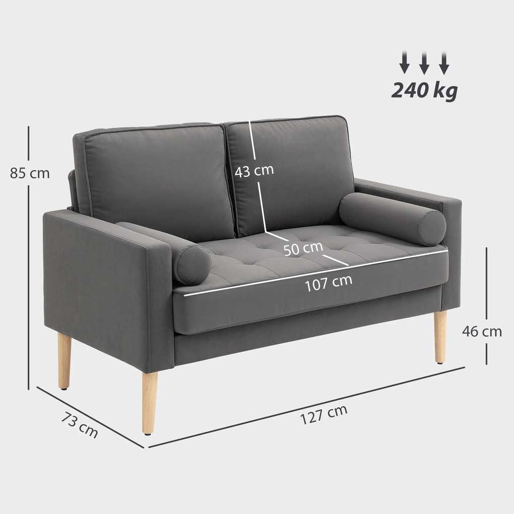 Sofá de 2 lugares moderno em veludo, com 127 cm, almofadas grossas, 2 travesseiros e assento estofado 127 x 73 x 85 cm cinzento