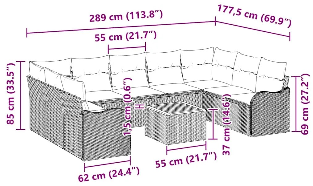 Conjunto de Sofá de Jardim vidaXL de 10 Peças com Almofadas Cinza Poli