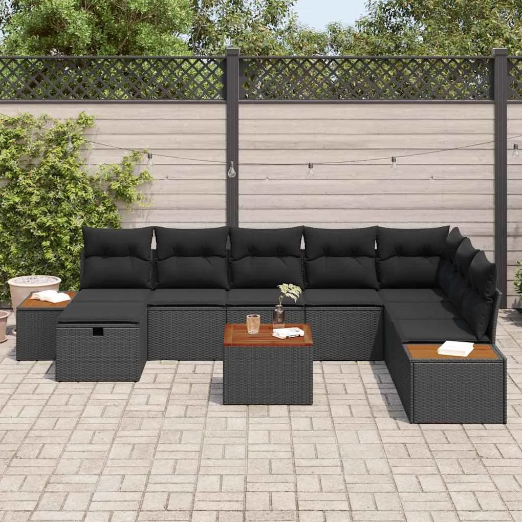 Conjunto de Sofá de Jardim de 9 Peças com Almofadas Pretas em Rattan e