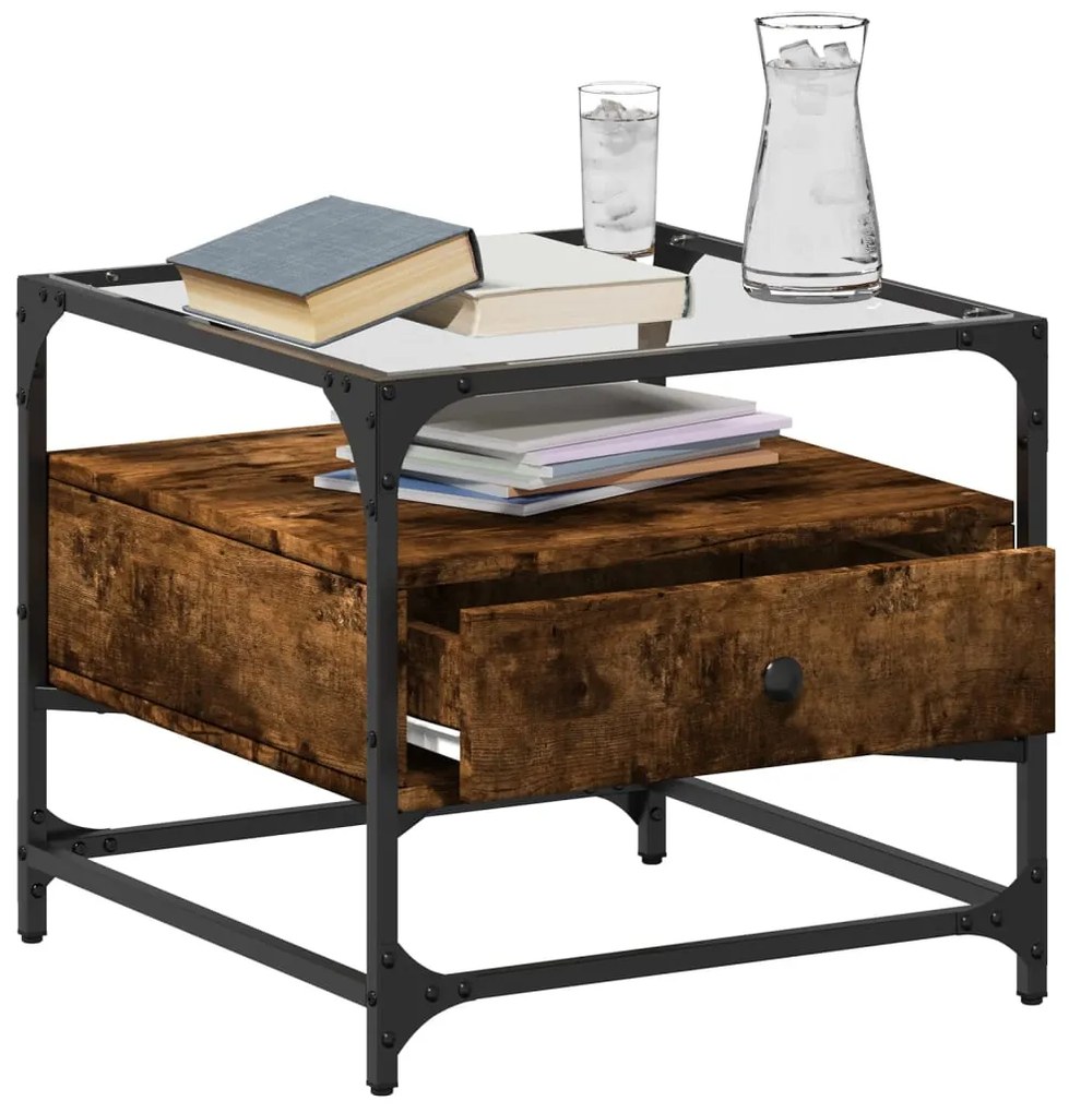 Mesa de centro c/ topo de vidro 50x50x45 cm carvalho fumado aço
