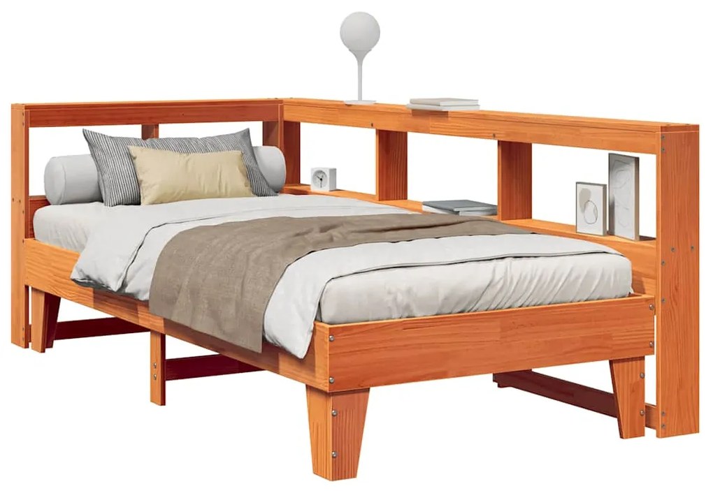 vidaXL Cama com estante sem colchão 90x200cm pinho maciço castanho-mel