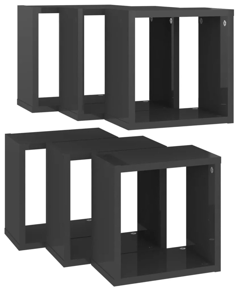 Prateleiras parede forma de cubo 6 pcs 26x15x26 cm cinza brilh.