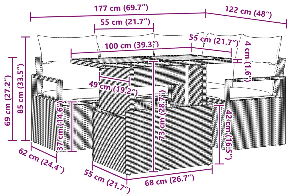 Conjunto de Sofás de Jardim vidaXL de 5 Peças com Almofadas Bege Ratta