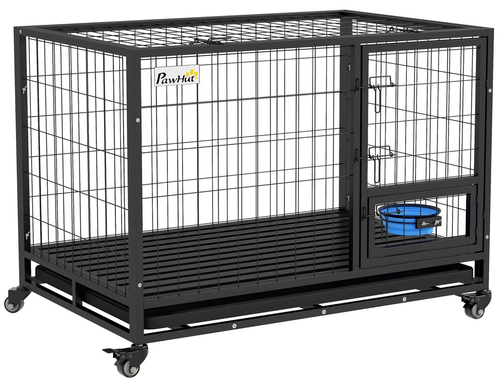 PawHut Gaiola para Cães 109x72x79 cm com Parte Superior Rebatível Suporte de Tigelas Bandeja Amovível Rodas e Porta Dupla Preto | Aosom Portugal