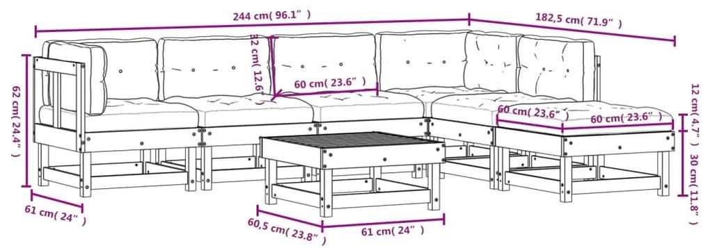 7 pcs conjunto lounge de jardim c/ almofadões pinho impregnado