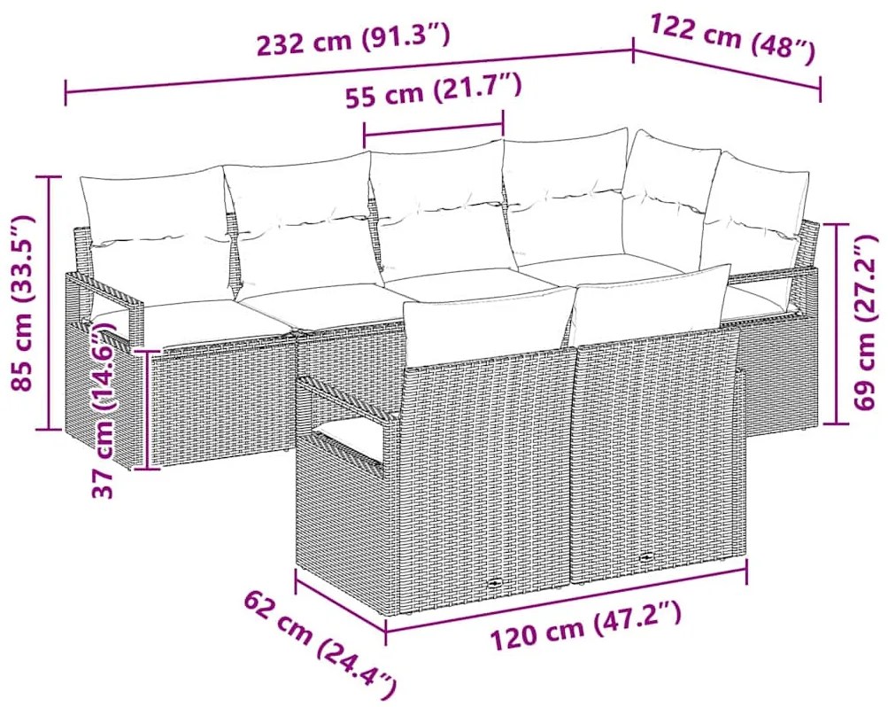 Conjunto de Sofá de Jardim vidaXL de 7 Peças com Almofadas Bege Rattan