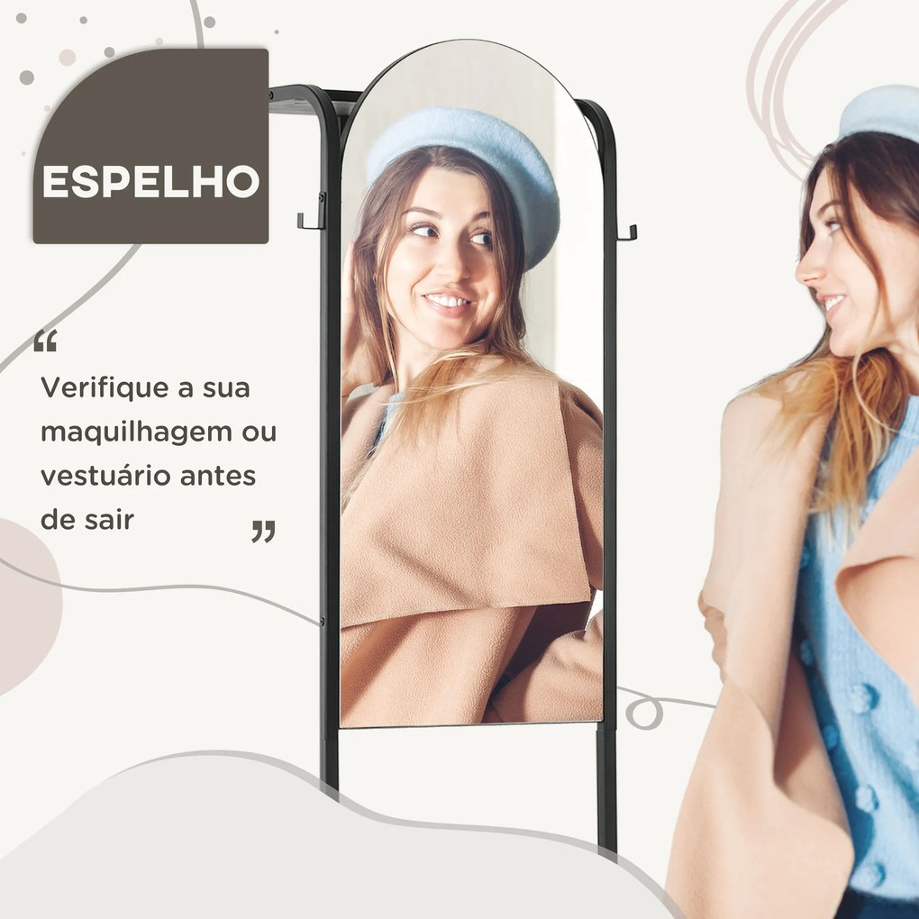 Móvel Cabide de Entrada com Espelho e Sapateiro Móvel Cabide de Entrada Moderno com Trilho para Pendurar 2 Ganchos para Corredor 44x40x176cm Preto
