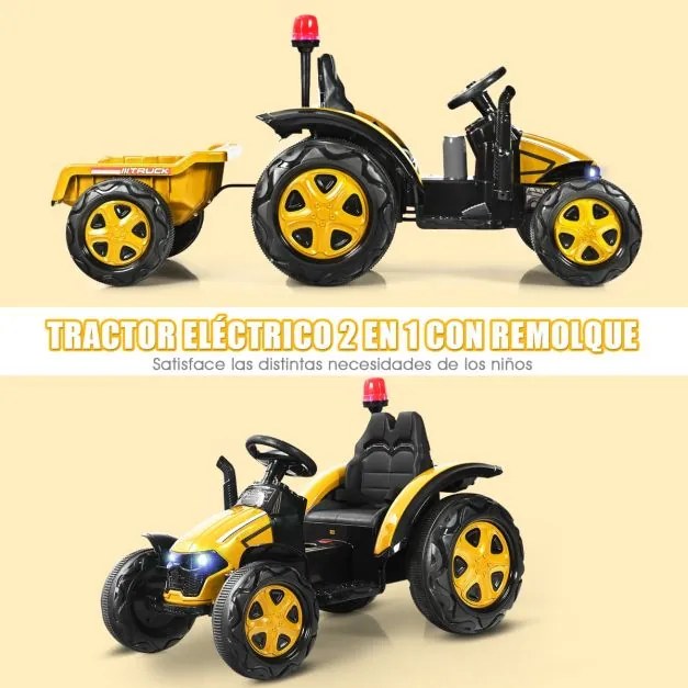 Trator elétrico 12V com reboque para crianças 3-8 anos Inclui controlo remoto 2,4 G 151 x 68 x 70 cm Amarelo