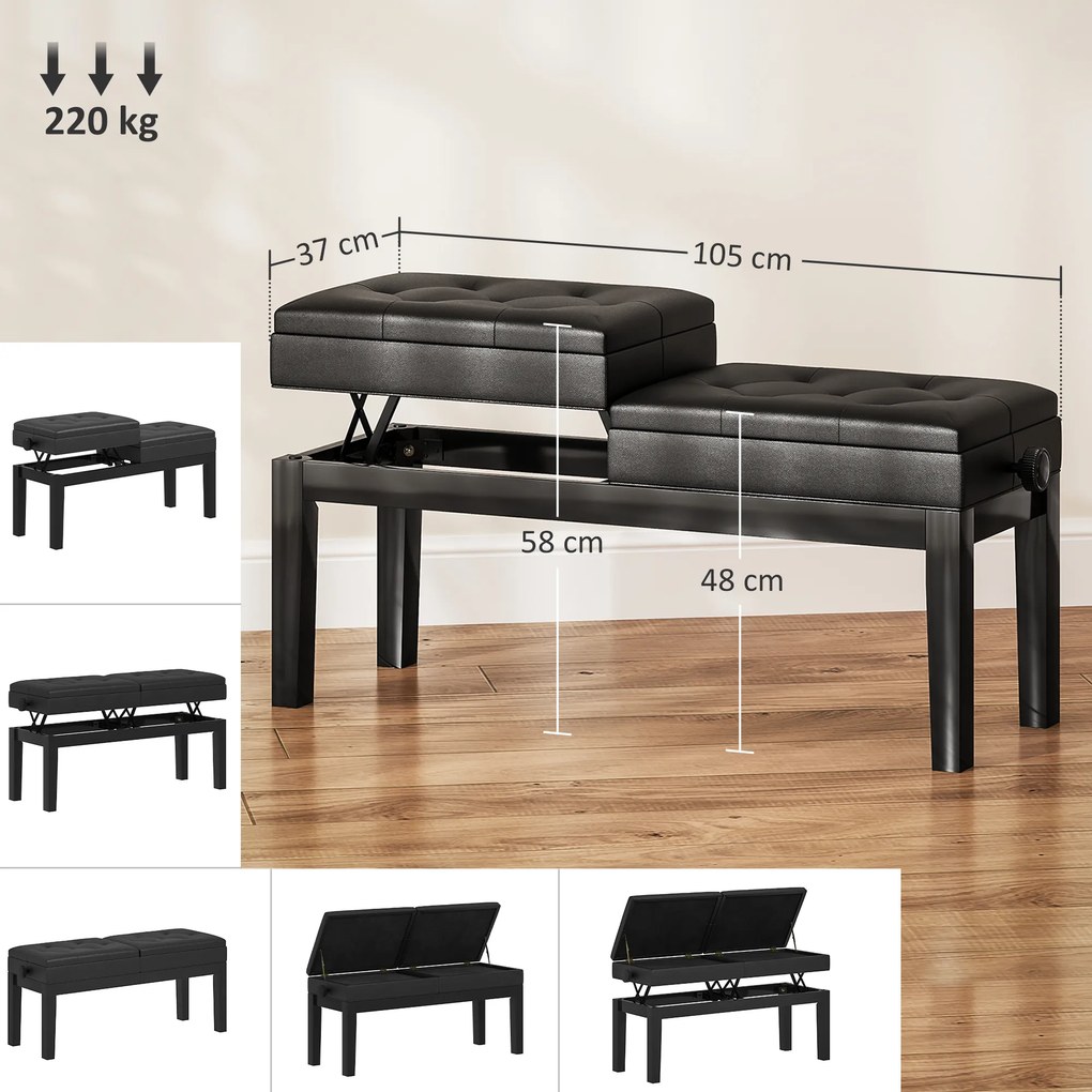 Banco de piano com altura ajustável, banco de piano com espaço de arrumação, banco estofado para teclado, preto