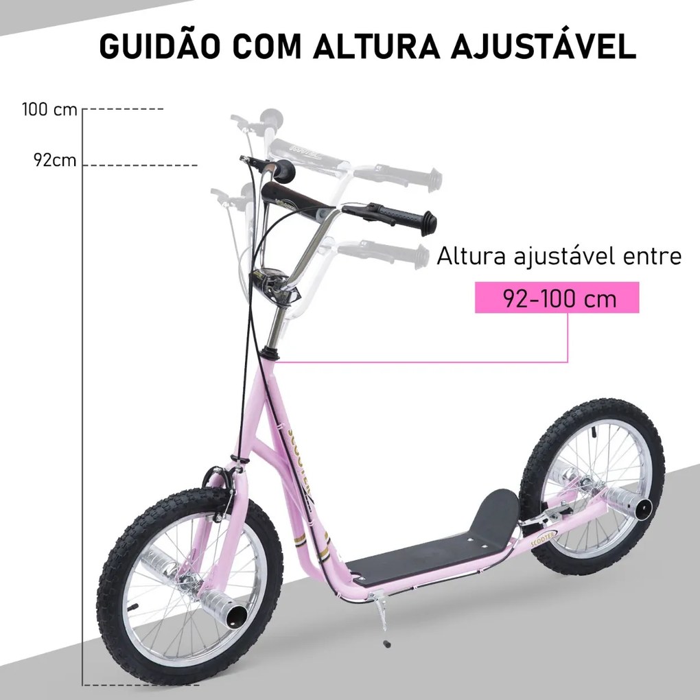 Trotinete para Crianças acima de 5 anos Scooter de 2 Rodas Grandes Insufláveis de 16 Polegadas com Freios e Guidão Ajustável em Altura 143x58x92-100cm