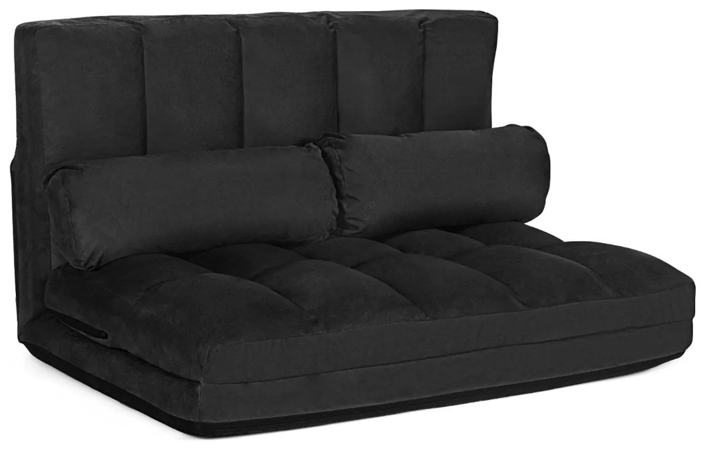 Sofá de chão ajustável Sofá-cama dobrável em 6 posições Revestimento removível em camurça com 2 almofadas Preto