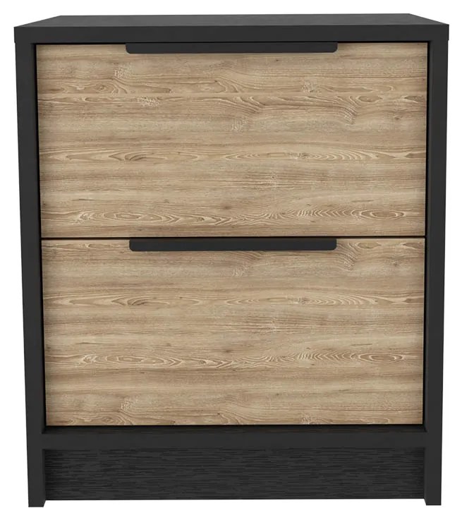 Mesa de cabeceira Kaia em melamina com gavetas duplas e calhas metálicas 48 x 41 x 36,5cm, preto/mel