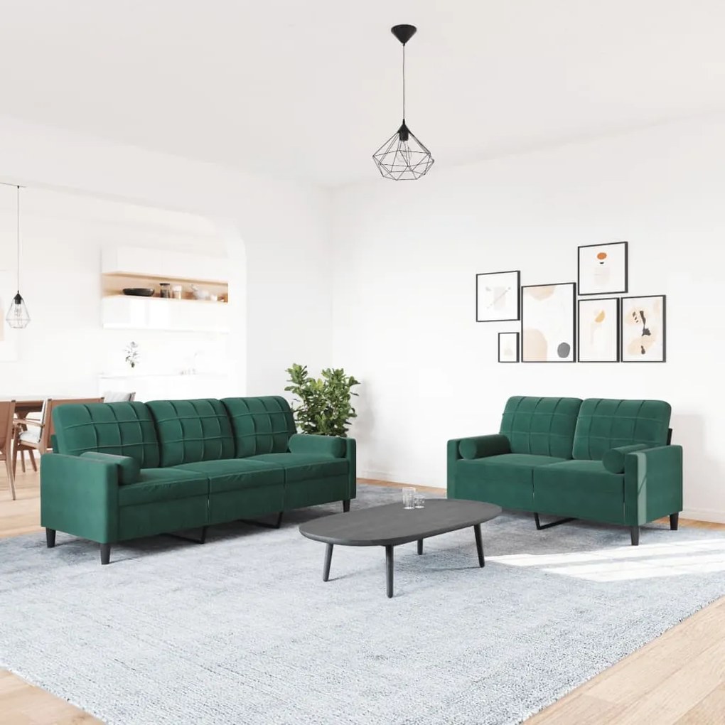 2 pcs conjunto sofás com almofadões e rolos veludo verde-escuro