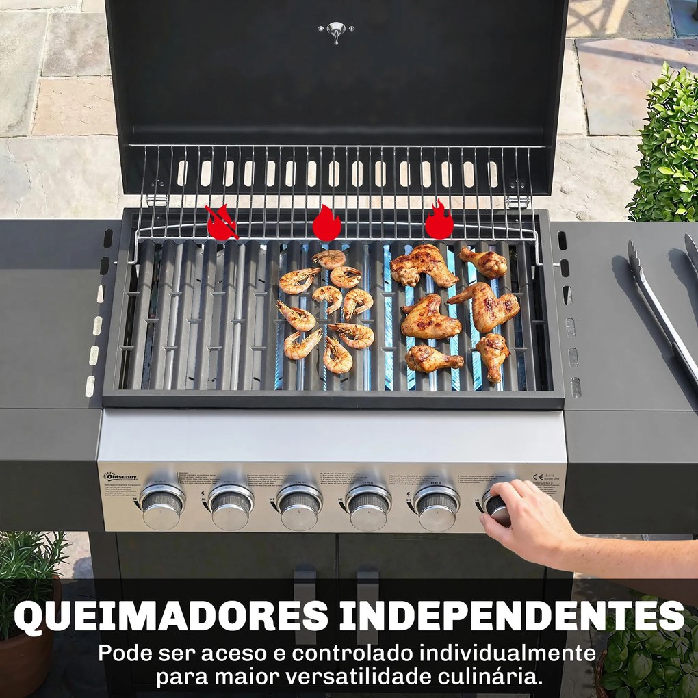 Grelhador a Gás Barbeceu com 6 Queimadores 15 kW Termómetro 2 Prateleiras Laterais eArmário 135x51x101 cm Preto