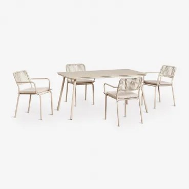 Conjunto De Mesa Retangular 160x90 Cm E 4 Cadeiras De Jantar Empilháveis Em Corda Trançada Arhiza Tapioca Bege - Sklum