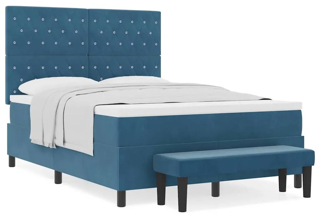 Cama Box Spring com Colchão e Banco Azul Escuro 140x190 cm Veludo