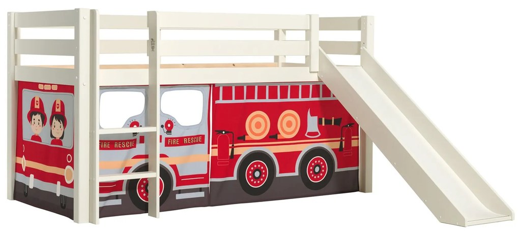 Cama alta de Criança PINO 90 x 200 cm + estrado + escada + escorrega + cortina Bombeiros Branca