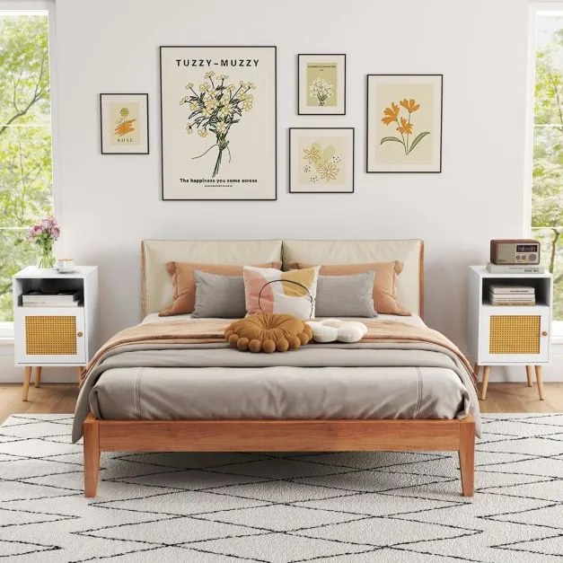 Conjunto 2 Mesas cabeçeira ou mesa Apoio com Estante Aberta e Porta Decorada em Rattan PE para Quarto Sala de Estar 40 x 39 x 70 cm Brancas