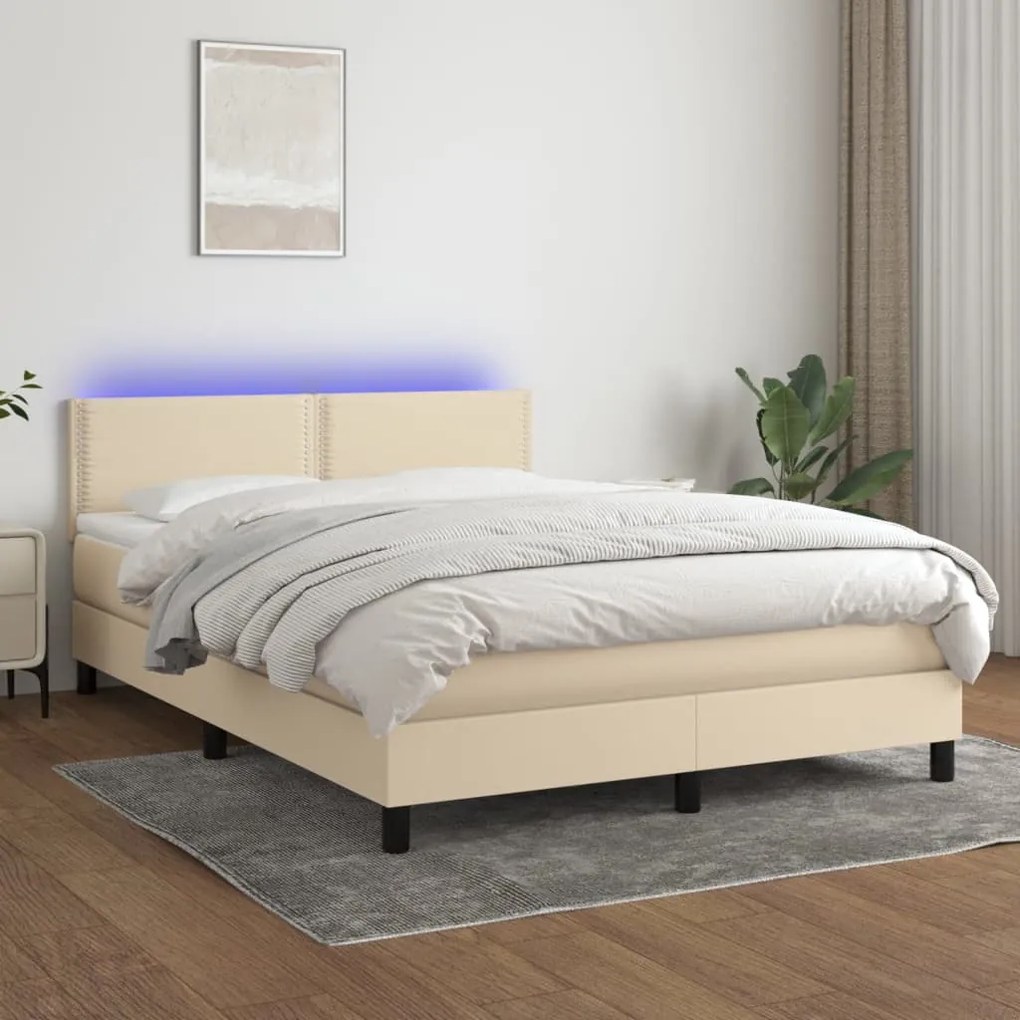 Cama box spring c/ colchão e LED 140x200 cm tecido cor creme